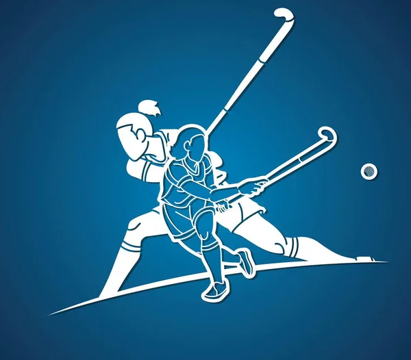Group Field Hockey Sport Team Mix Action Female Players Cartoon — Stock Vector