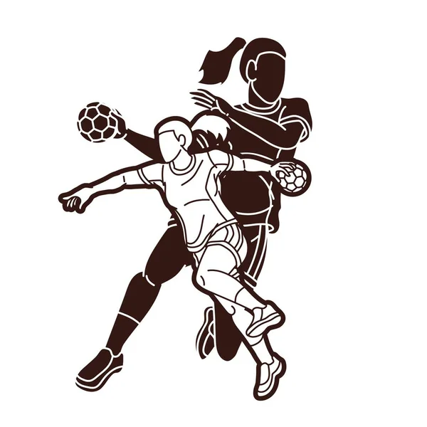 ハンドボール選手のグループ女性ミックスアクション漫画スポーツチームグラフィックベクター — ストックベクタ