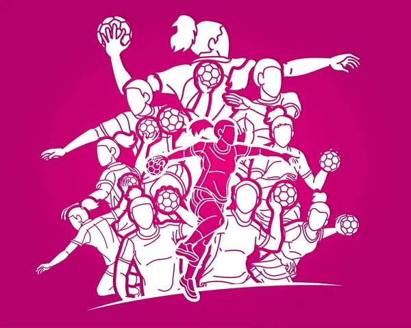 Група Гандболістів Жіночий Мікс Дія Мультфільм Спорт Команда Графічний Вектор — стоковий вектор