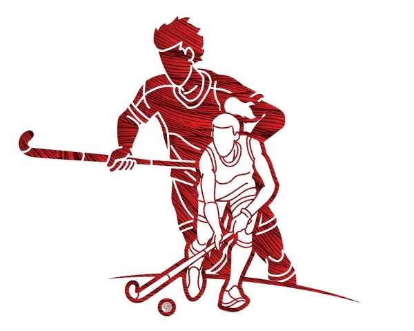 Skupina Terénní Hokej Sportovní Muž Žena Hráči Akční Karikatura Grafický — Stockový vektor