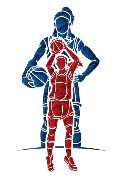 バスケットボール女子選手ミックスアクション漫画スポーツチームグラフィックベクター — ストックベクタ