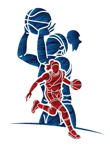 Baloncesto Jugadoras Mezcla Acción Dibujos Animados Deporte Equipo Vector Gráfico — Archivo Imágenes Vectoriales