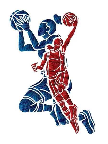 Baloncesto Jugadoras Mezcla Acción Dibujos Animados Deporte Equipo Vector Gráfico — Vector de stock