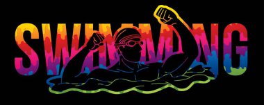 Yüzücü Çizgi Filmi Grafik Vektörü ile Yüzme Metni