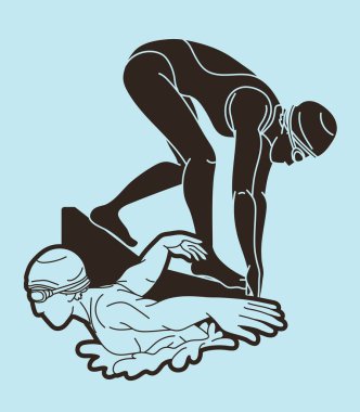 Yüzen Spor Erkek ve Kadın Yüzücü Karışık Çizgi Filmi Grafik Vektörü