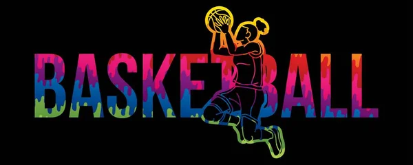 Texto Del Baloncesto Diseñado Con Jugadora Deportiva Acción Dibujos Animados — Vector de stock