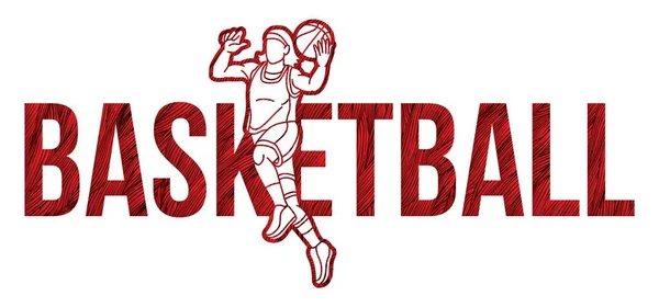 Texto Del Baloncesto Diseñado Con Jugadora Deportiva Acción Dibujos Animados — Vector de stock