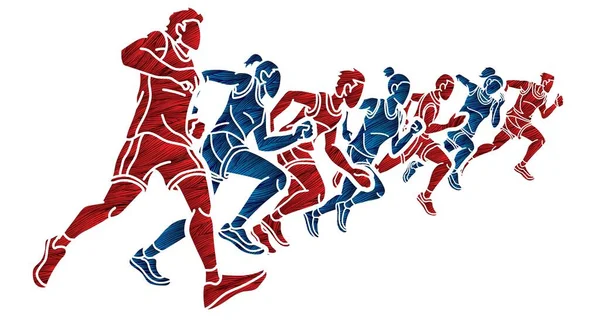 Groep Van Mensen Lopen Samen Man Vrouw Runner Marathon Cartoon — Stockvector