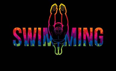 Bir Erkek Yüzücü Yazı Tipi Tasarımı Çizgi Film Vektörü ile Yüzme Metni