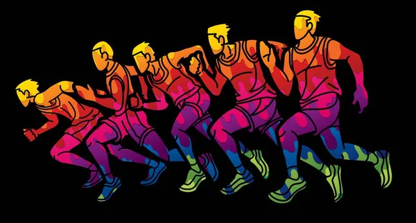 Groep Runner Action Start Running Men Run Together Cartoon Sport — Stockvector