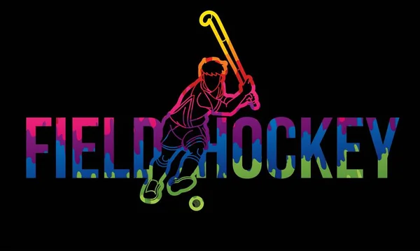 Veld Hockey Lettertype Ontwerp Met Mannelijke Speler Actie Cartoon Grafische — Stockvector