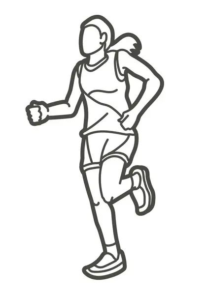 Female Running Marathon Runner Cartoon Woman Run Sport Graphic Vector — Stock Vector