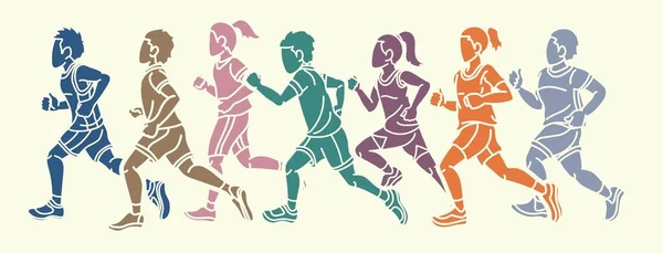 Children Running Together Boy Girl Cartoon Sport Graphic Vector — Stock Vector