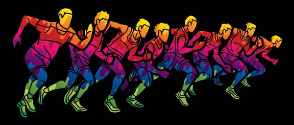 Mannen Beginnen Samen Lopen Marathon Runner Actie Cartoon Sport Graphic — Stockvector