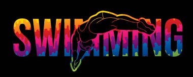 Yüzücü Eylem Çizgi Filmi Grafik Vektörü ile Yüzme Metni