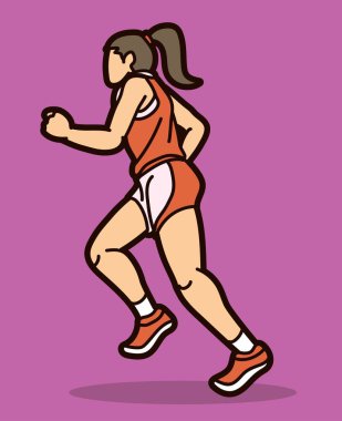 Bir Kadın Koşmaya Başladı Maraton Koşucu Hareketi Çizgi Film Çizgi Filmi Grafik Vektörü