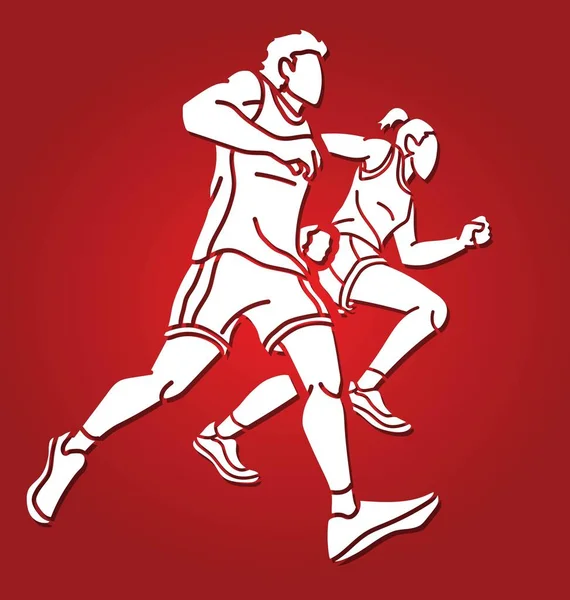 跑步者马拉松赛男子与女子混合式慢跑者组合漫画运动图形矢量组 — 图库矢量图片