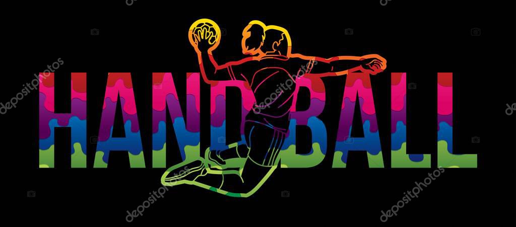 Handball Sport Text Designed with Player Action Cartoon Sport Graphic Vector