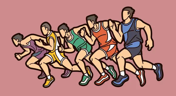 Groupe Personnes Courir Action Marathon Coureur Cartoon Sport Graphic Vector — Image vectorielle