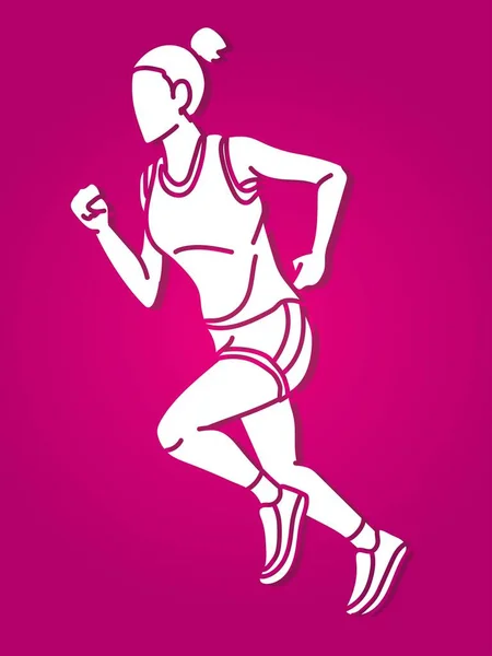 Μια Γυναίκα Τρέχει Μαραθώνιος Δράσης Έναρξη Λειτουργίας Cartoon Sport Graphic — Διανυσματικό Αρχείο
