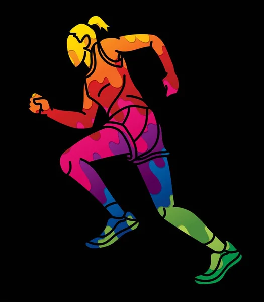 Marathon Runner Žena Začít Běh Akční Karikatura Sportovní Grafický Vektor — Stockový vektor