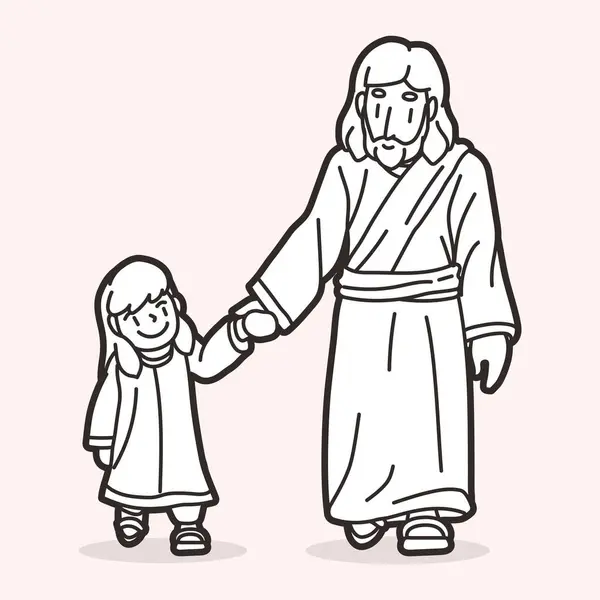 Jesus Walked Holding Hand Little Girl Filled Warmth Love Peace — Stock Vector
