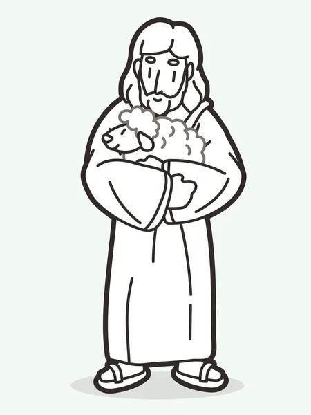 Jesus Carries Lamb Hugged Embrace Good Shepherd Cartoon Graphic Vector — Stock Vector