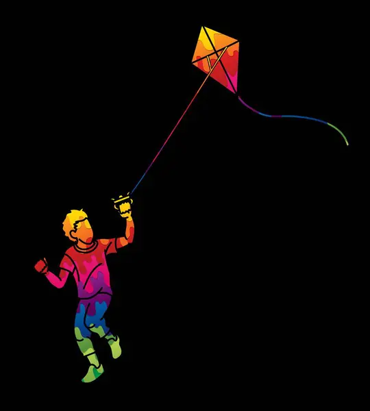 Chłopiec Running Fly Latawiec Dziecko Bawiące Się Wektor Graficzny Kreskówki Wektory Stockowe bez tantiem
