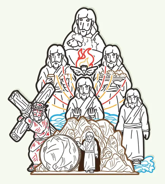 Jesus Christ Cartoon Miracles Jesus Bible Mix Story Graphic Vector — Stock Vector