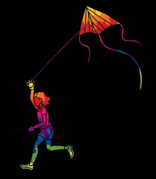 Девочка Бегущая Воздушным Змеем Играет Мультфильм Лицензионные Стоковые Иллюстрации