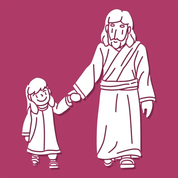 Jesus Walked Holding Hand Little Girl Filled Warmth Love Peace — Stock Vector