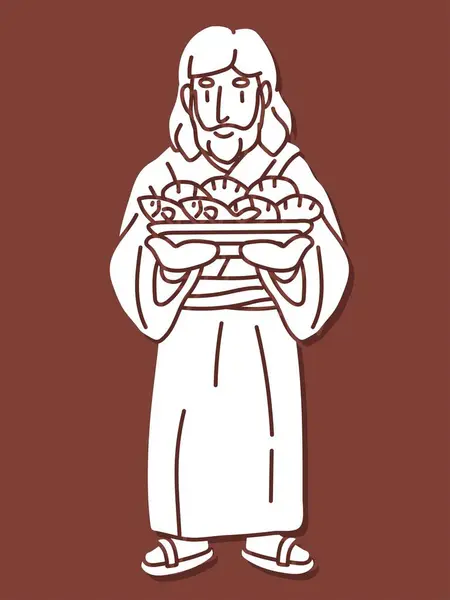 Иисус Держит Пять Хлебов Два Рыбных Карикатурных Вектора Стоковая Иллюстрация