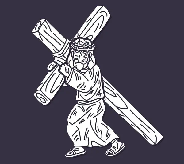イエスはソーンズと血の漫画のグラフィックベクターの冠で十字架を運ぶ ロイヤリティフリーストックベクター