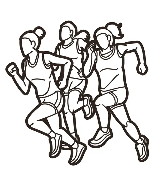 女性のグループは 漫画スポーツグラフィックベクターを一緒にジョギングランナーアクションを開始します ロイヤリティフリーのストックイラスト