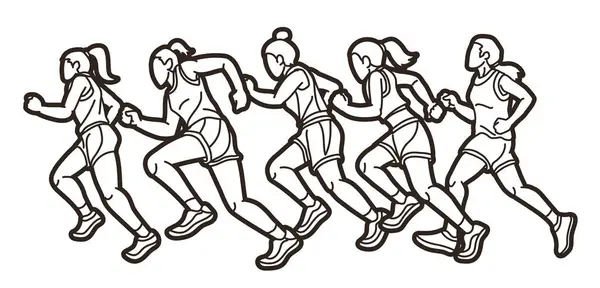 Grupo Mujeres Comienzan Correr Runner Acción Jogging Together Cartoon Sport Vector De Stock