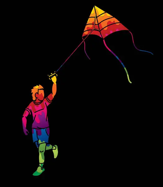 Мальчик Бегущий Воздушным Змеем Играющий Мультяшный Графический Вектор Лицензионные Стоковые Иллюстрации