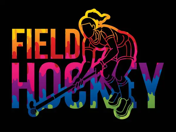 Field Hockey Female Player Action Font Design Cartoon Sport Graphic ストックイラスト