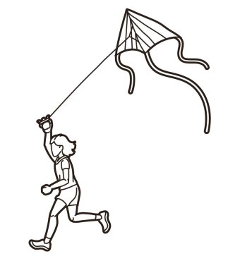 Uçurtma Uçuran Bir Kız Bir Uçurtma Çocuğu Çizgi Film Spor Grafik Vektörü Oynuyor