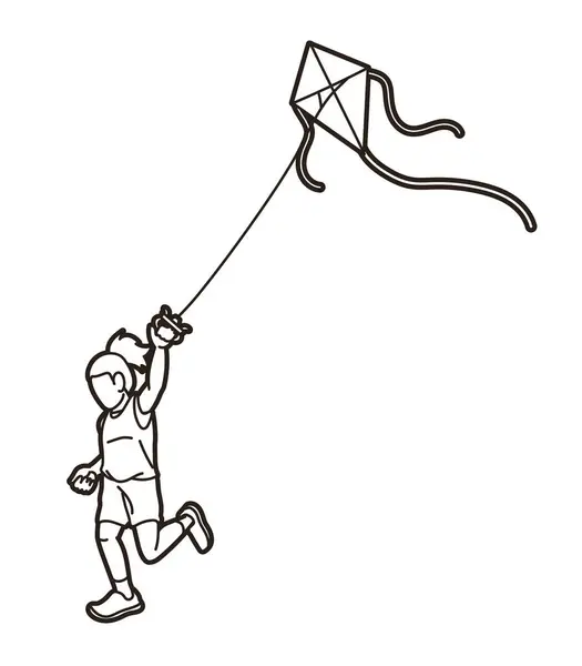 Ένα Κορίτσι Που Τρέχει Πετούν Ένα Παιδί Kite Παίζοντας Cartoon Διανυσματικά Γραφικά