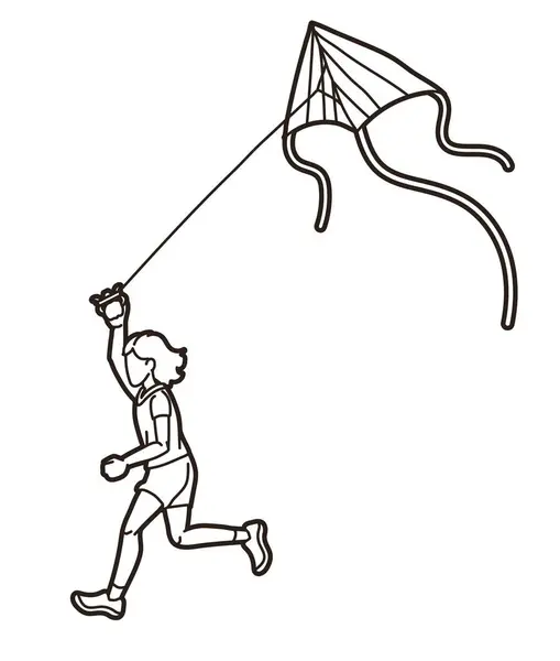 Ένα Κορίτσι Που Τρέχει Πετούν Ένα Παιδί Kite Παίζοντας Cartoon Διάνυσμα Αρχείου