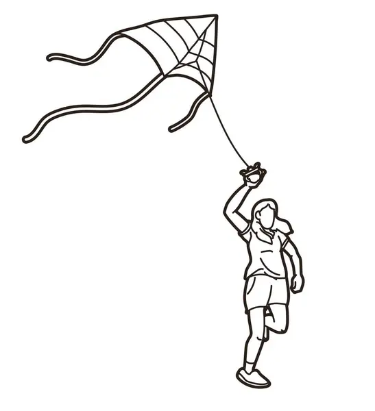 Dziewczyna Running Fly Latawiec Dziecko Bawiące Się Kreskówki Sport Graficzny Ilustracja Stockowa