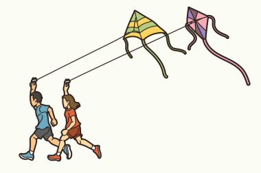 Uçurtma Uçuran Bir Kız ve Oğlan Birlikte Çizgi Film Oynayan Çizgi Film Sporu Vektörü