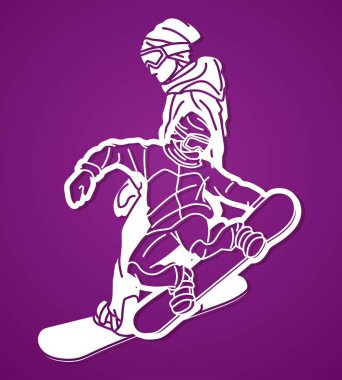 Snowboardcu Karışık Aksiyon Snowboard Sporcu Çizgi Filmi Vektörü 