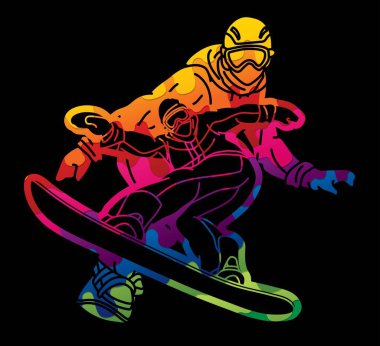 Snowboard Oyuncuları Grubu Karma Eylem Snowboardcusu Ekstrem Spor Çizgi Filmi Grafik Vektörü
