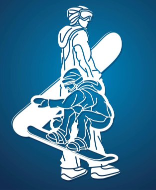 Snowboard Oyuncuları Karma Eylem Ekstrem Spor Snowboardcusu Çizgi Film Vektörü