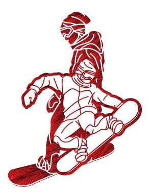 Extreme Sport Snowboard Oyuncuları Karışık Graffiti Snowboardcu Çizgi Film Vektörü