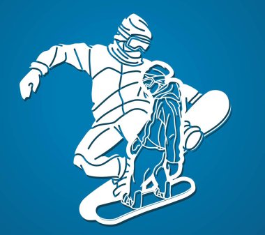 Snowboard Oyuncuları Karıştırma Eylem Snowboardcu Poz Ekstrem Spor Çizgi Filmi Grafik Vektörü