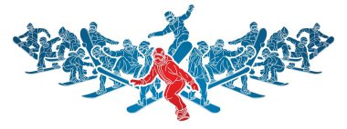 Snowboard Oyuncuları Grubu Snowboardçu Karışık Aksiyon Çizgi Film Grafik Vektörü