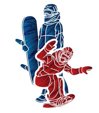 Extreme Sport Snowboard Oyuncuları Snowboardçu Karışık Eylem Çizgi Filmi Grafik Vektörü