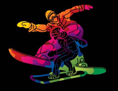 Extreme Sport Snowboard Oyuncuları Snowboardçu Karışık Eylem Çizgi Filmi Grafik Vektörü